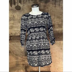 Elephant Print Dress Black and White Bohemian Mini Dress‎ Long Sleeve
